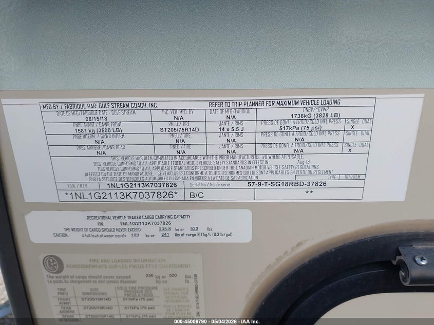 2019 Gulfstream Other VIN 1NL1G2113K7037826 IAAI salvage auction — HAIL, Salvage (Illinois), sold $275 on 2026-07-29 (photo 9)