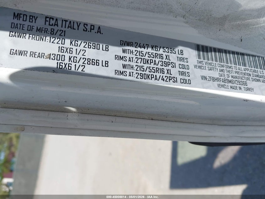 2021 Ram Promaster city VIN ZFBHRFAB9M6V29366 IAAI salvage auction — ENGINE BURN, Wait Title, sold $425 on 2026-07-29 (photo 9)