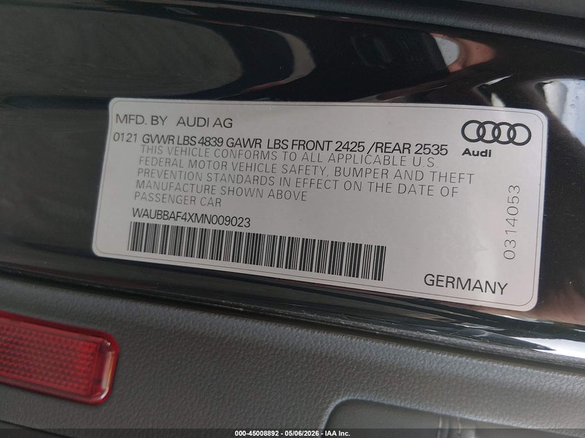 2021 Audi A4 VIN WAUBBAF4XMN009023 IAAI salvage auction — FRONT END, Original (Texas), sold $7,200 on 2026-07-28 (photo 9)