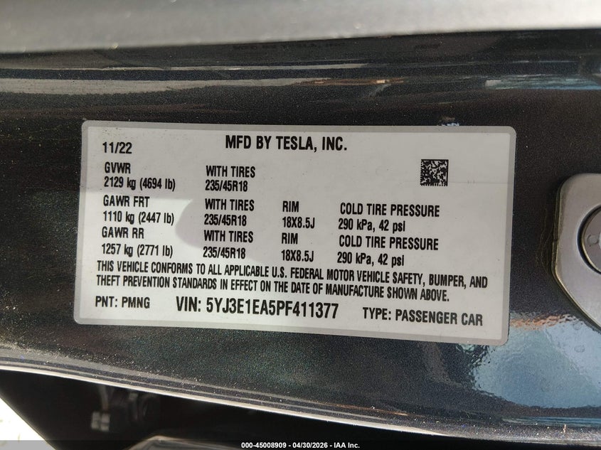 2023 Tesla Model 3 VIN 5YJ3E1EA5PF411377 IAAI salvage auction — LEFT FRONT, Bill Of Sale (Washington), sold $5,800 on 2026-07-29 (photo 9)