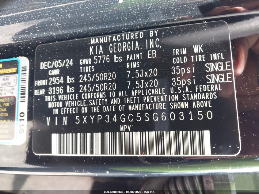2025 Kia Telluride VIN 5XYP34GC5SG603150 IAAI salvage auction — FRONT END, Certificate Of Destruction (Florida), sold $9,200 on 2026-07-06 (photo 9)
