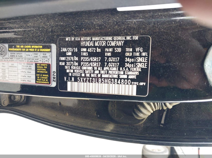 2017 Hyundai Santa fe VIN 5XYZT3LB5HG384800 IAAI salvage auction — LEFT REAR, Salvage (Idaho), sold $1,900 on 2026-07-15 (photo 9)