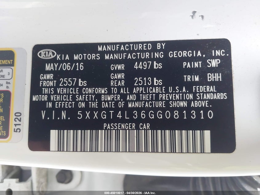 2016 Kia Optima VIN 5XXGT4L36GG081310 IAAI salvage auction — REAR END, Salvage (North Carolina), sold $1,150 on 2026-07-15 (photo 9)