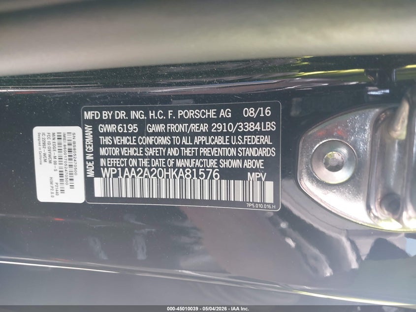 2017 Porsche Cayenne VIN WP1AA2A20HKA81576 IAAI salvage auction — REAR END, Clear (Michigan), sold $12,000 on 2026-07-09 (photo 9)