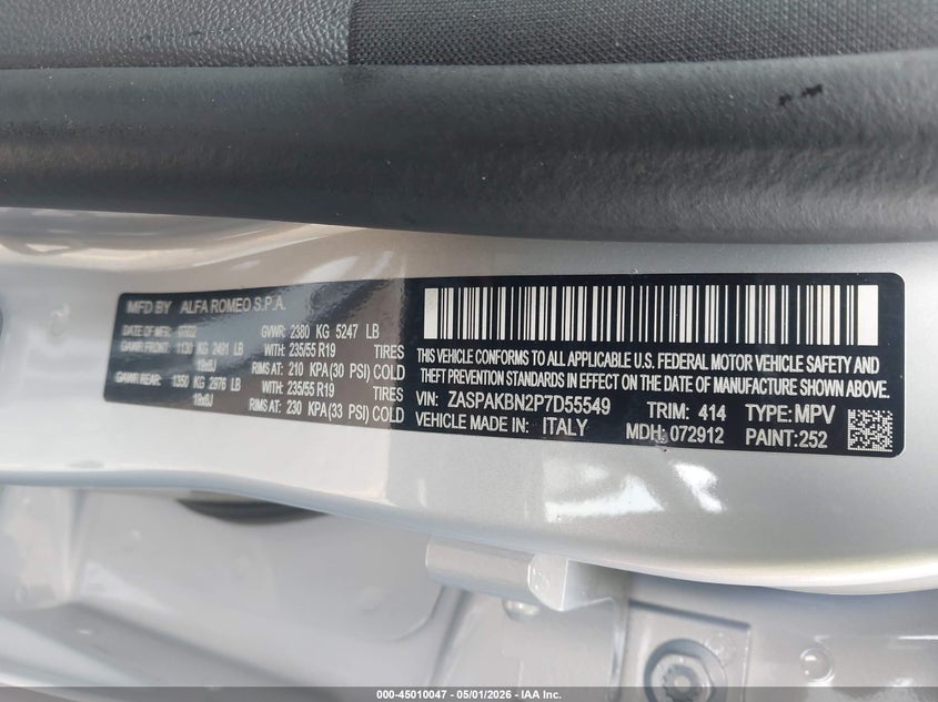2023 Alfa romeo Stelvio VIN ZASPAKBN2P7D55549 IAAI salvage auction — LEFT FRONT, Wait Title, sold $8,125 on 2026-07-22 (photo 9)