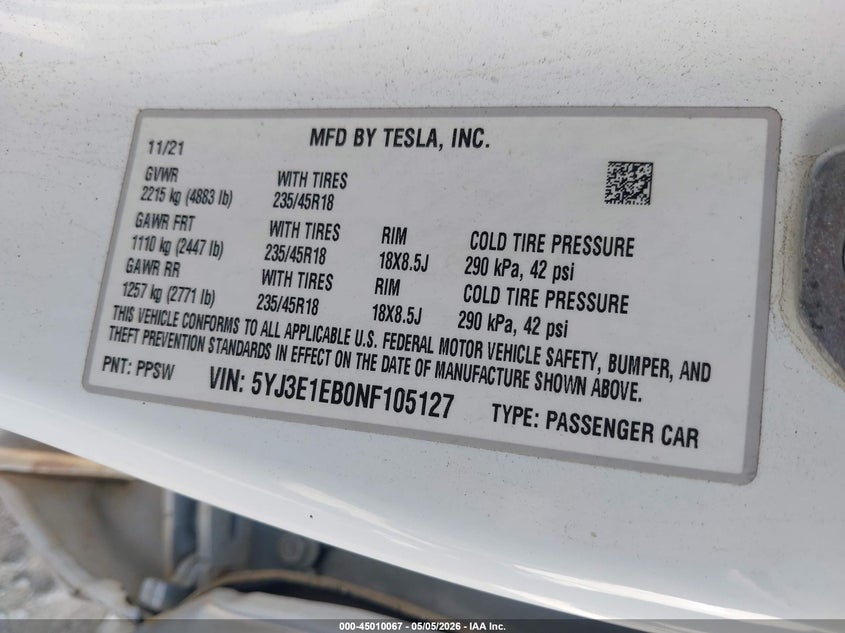 2022 Tesla Model 3 VIN 5YJ3E1EB0NF105127 IAAI salvage auction — ALL OVER, Salvage (Georgia), sold $5,600 on 2026-07-23 (photo 9)