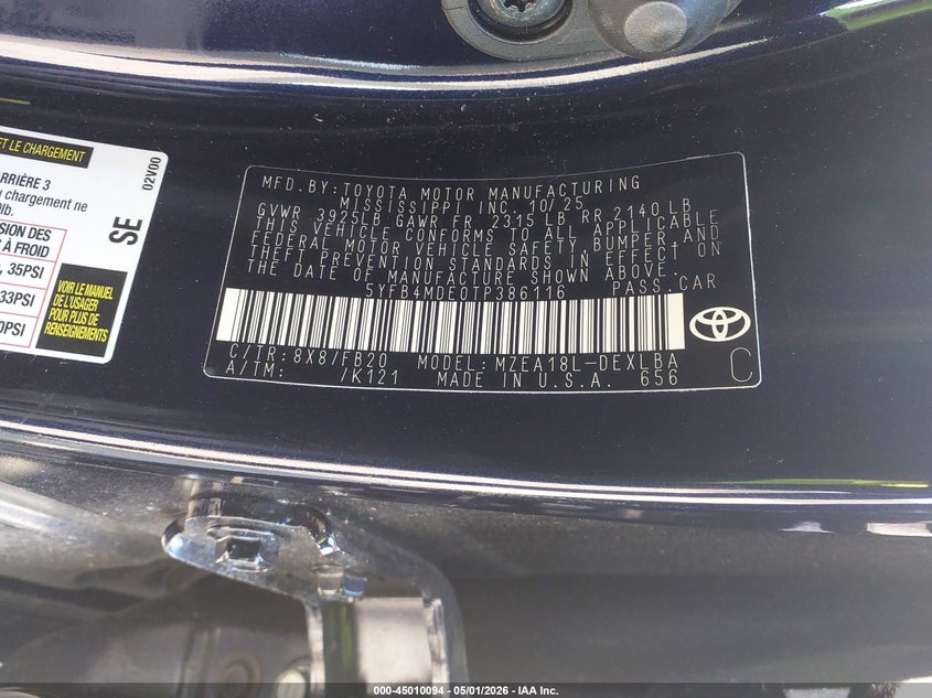 2026 Toyota Corolla VIN 5YFB4MDE0TP386116 IAAI salvage auction — RIGHT FRONT, Wait Title, sold $7,500 on 2026-07-23 (photo 9)