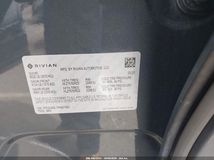 2023 Rivian R1s VIN 7PDSGABL7PN007583 IAAI salvage auction — SIDE, Salvage (California), sold $19,500 on 2026-09-22 (photo 9)