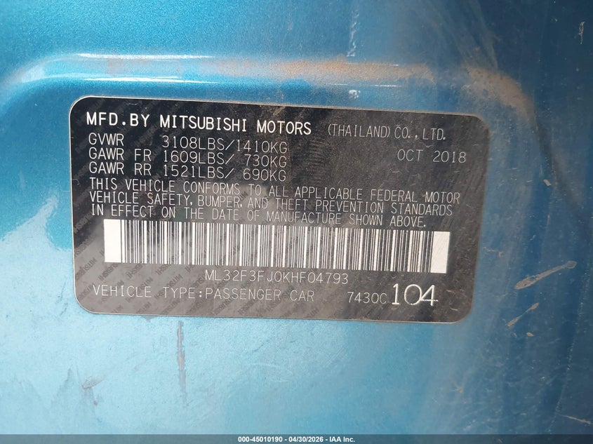 2019 Mitsubishi Mirage VIN ML32F3FJ0KHF04793 IAAI salvage auction — LEFT FRONT, Rebuildable (Florida), sold $1,600 on 2026-07-28 (photo 9)