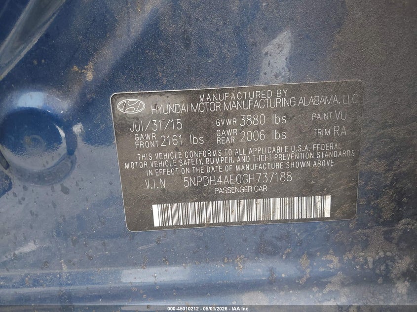 2016 Hyundai Elantra VIN 5NPDH4AE0GH737188 IAAI salvage auction — FRONT END, Salvage (Georgia), sold $725 on 2026-07-06 (photo 9)