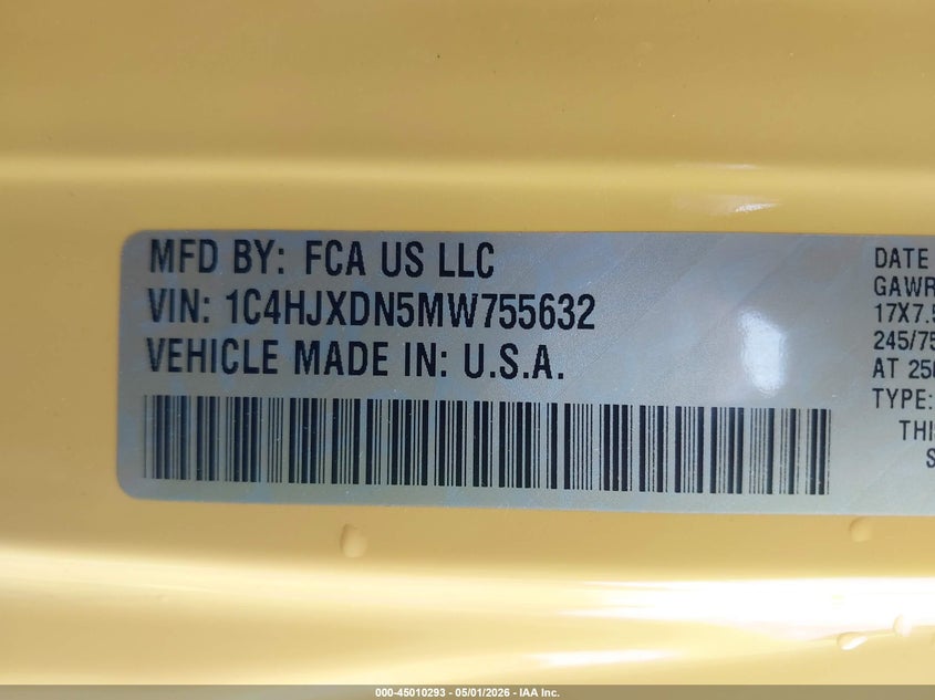 2021 Jeep Wrangler / VIN 1C4HJXDN5MW755632 IAAI salvage auction — REAR END, Salvage (North Carolina), sold $7,550 on 2026-07-30 (photo 9)