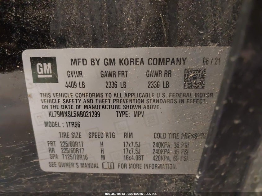 2022 Chevrolet Trailblazer VIN KL79MNSL5NB021399 IAAI salvage auction — LEFT SIDE, Scrap (Michigan), sold $1,700 on 2026-07-14 (photo 9)
