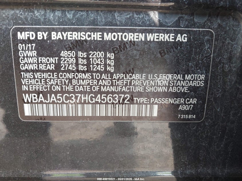 2017 BMW 5er VIN WBAJA5C37HG456372 IAAI salvage auction — REAR END, Original (Texas), sold $6,400 on 2026-07-28 (photo 9)