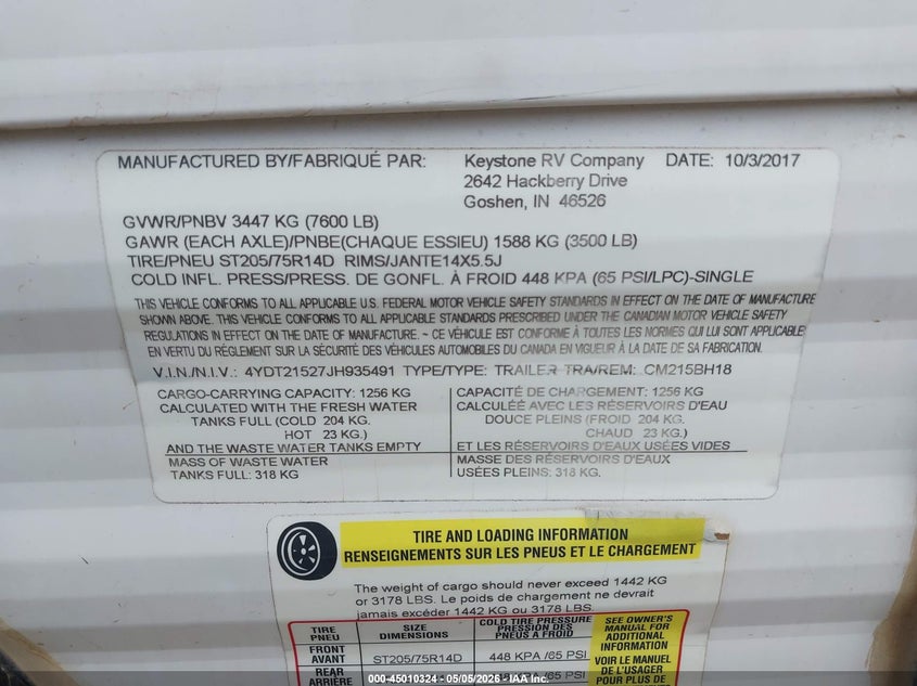 2018 Coleman 21' travel trailer VIN 4YDT21527JH935491 IAAI salvage auction — HAIL, Original (Texas), sold $2,850 on 2026-07-28 (photo 9)