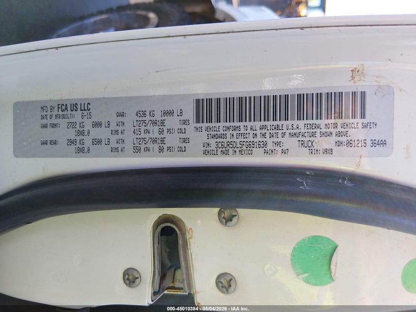 2015 Ram 2500 VIN 3C6UR5DL5FG691630 IAAI salvage auction — ROLLOVER, Salvage (South Carolina), sold $2,200 on 2026-08-01 (photo 9)