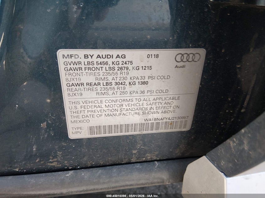 2018 Audi Q5 VIN WA1BNAFY4J2130957 IAAI salvage auction — FRONT END, Salvage (Massachusetts), sold $7,400 on 2026-07-24 (photo 9)