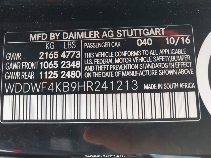 2017 Mercedes-benz C-klasse VIN WDDWF4KB9HR241213 IAAI salvage auction — REAR END, Rebuildable (Florida), sold $4,450 on 2026-07-08 (photo 9)