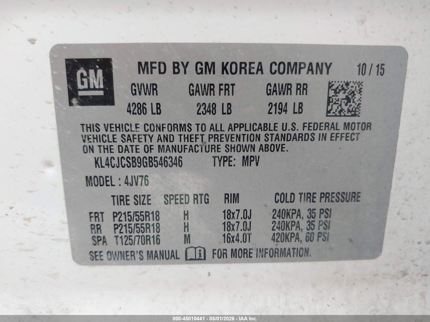 2016 Buick Encore VIN KL4CJCSB9GB546346 IAAI salvage auction — HAIL, Salvage (Kansas), sold $2,000 on 2026-07-29 (photo 9)