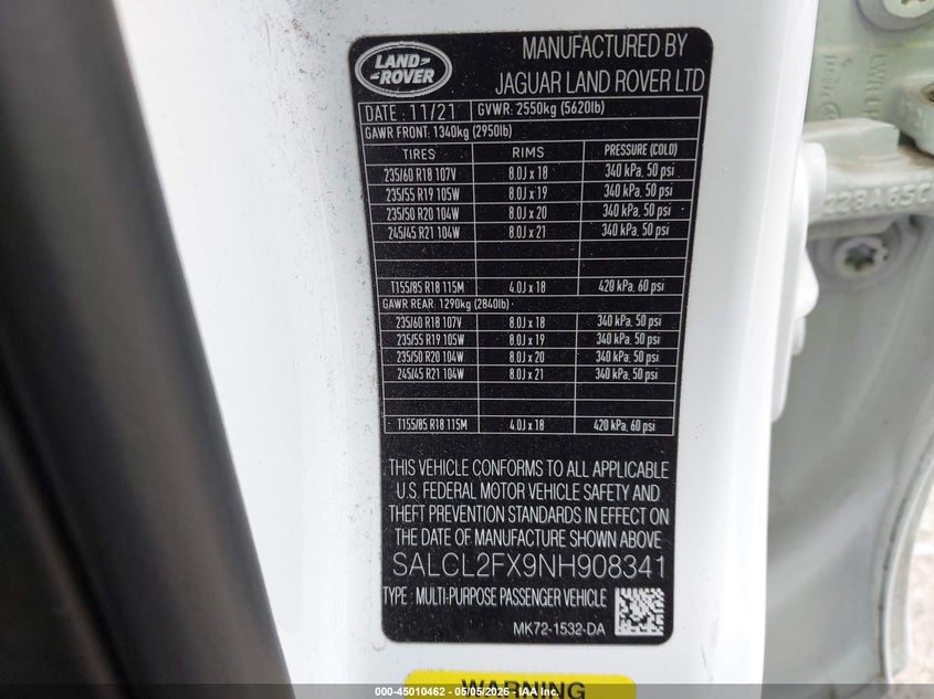 2022 Land rover Discovery sport VIN SALCL2FX9NH908341 IAAI salvage auction — ROLLOVER, Salvage (Texas), sold $3,300 on 2026-07-13 (photo 9)