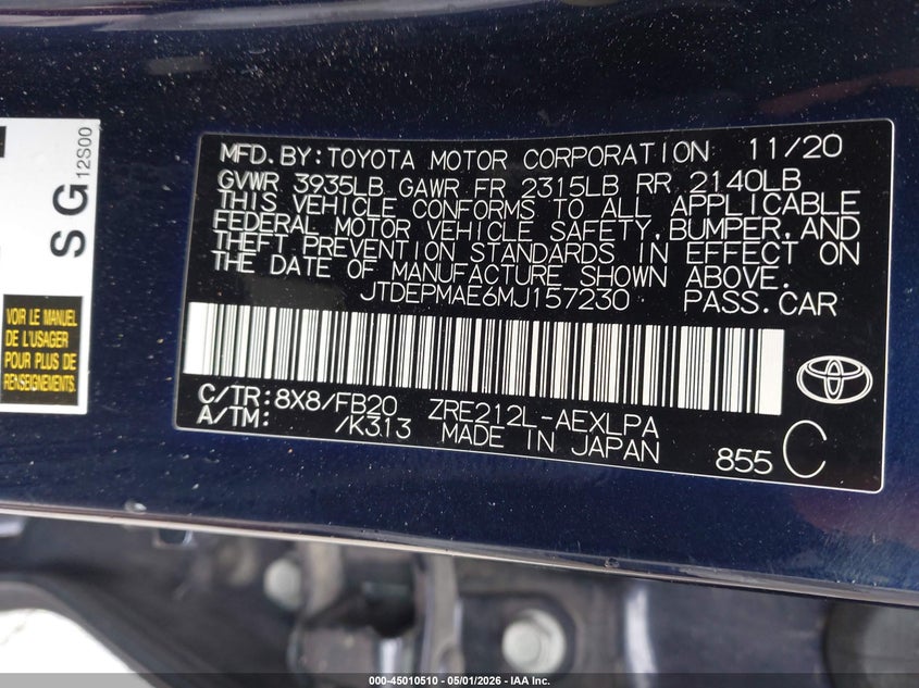 2021 Toyota Corolla VIN JTDEPMAE6MJ157230 IAAI salvage auction — RIGHT FRONT, Original (Texas), sold $3,450 on 2026-07-09 (photo 9)