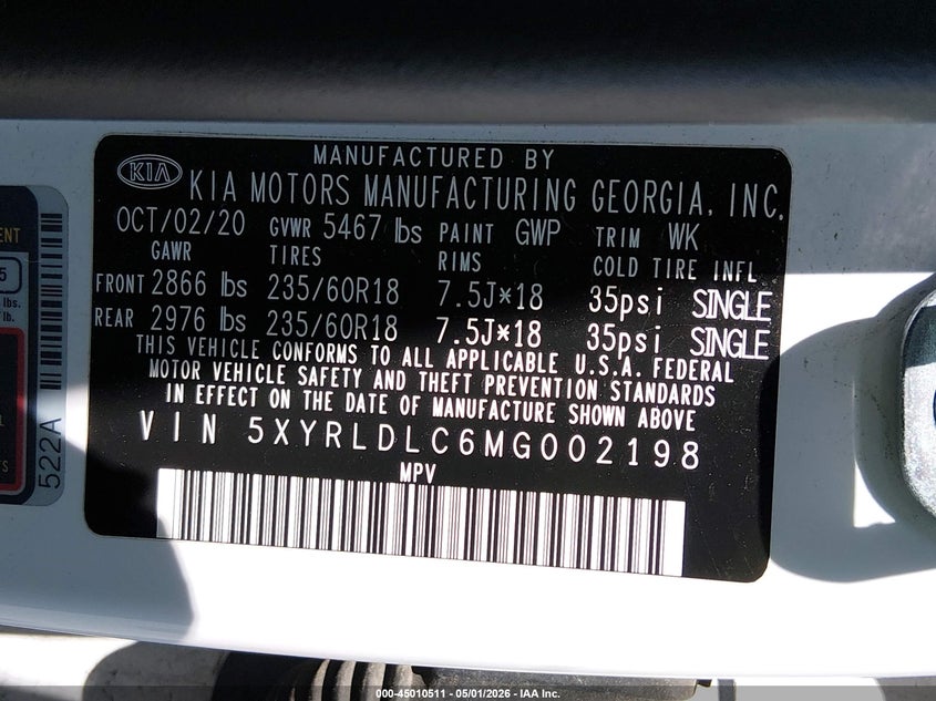 2021 Kia Sorento VIN 5XYRLDLC6MG002198 IAAI salvage auction — FRONT & REAR, Salvage (New Jersey), sold $5,100 on 2026-08-01 (photo 9)