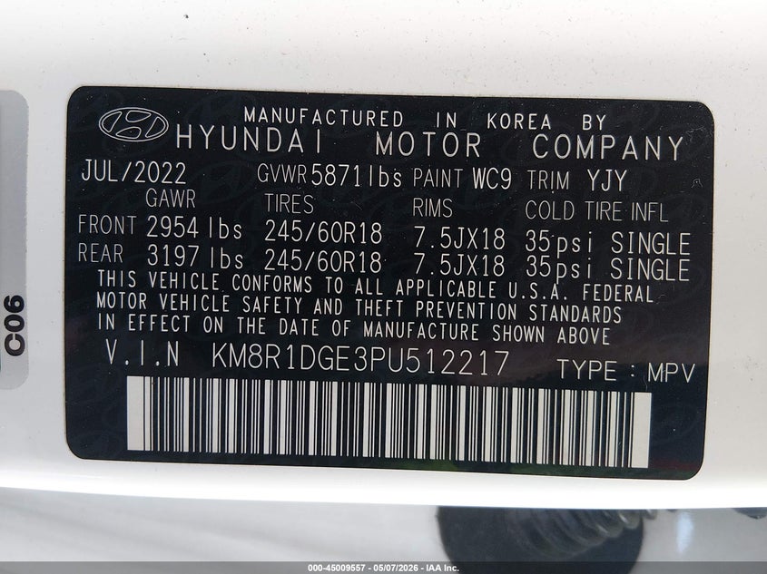 2023 Hyundai Palisade VIN KM8R1DGE3PU512217 IAAI salvage auction — FRONT END, Salvage (West Virginia), sold $25 on 2026-07-30 (photo 9)