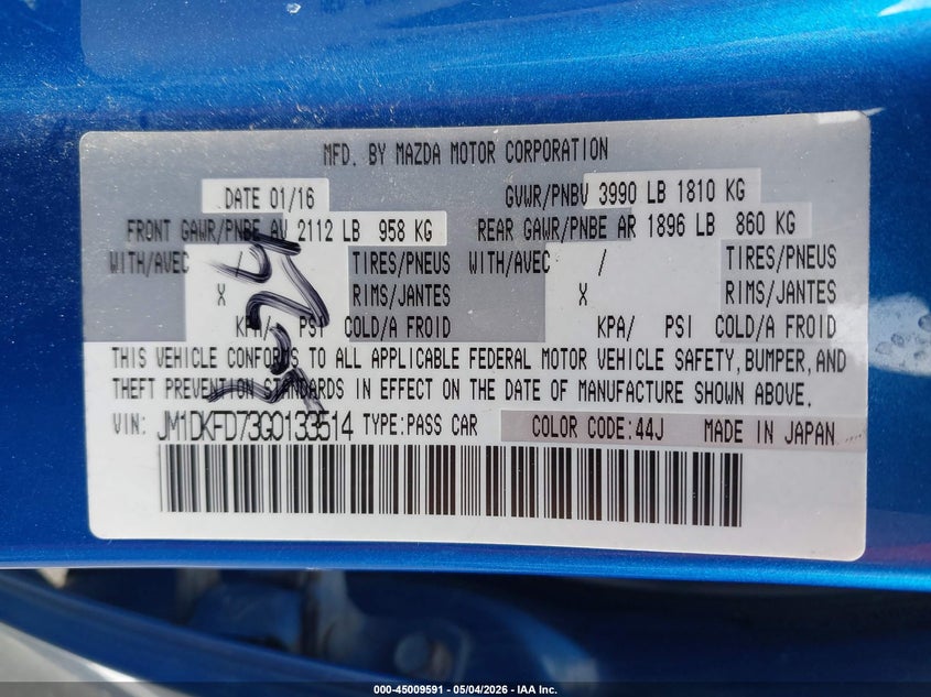 2016 Mazda Cx-3 VIN JM1DKFD73G0133514 IAAI salvage auction — FRONT END, Rebuildable (Florida), sold $3,400 on 2026-07-06 (photo 9)