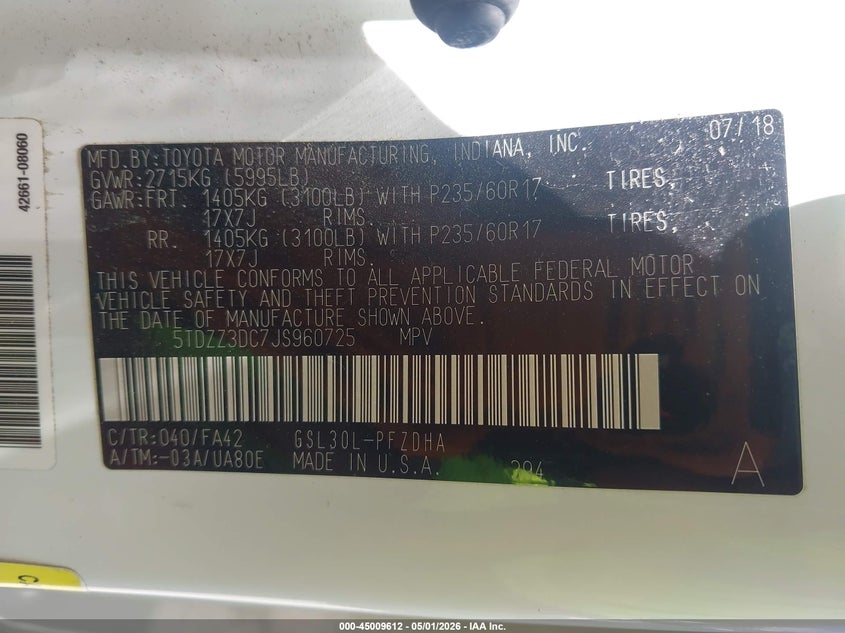 2018 Toyota Sienna VIN 5TDZZ3DC7JS960725 IAAI salvage auction — FRONT END, Salvage (Kansas), sold $5,300 on 2026-07-22 (photo 9)