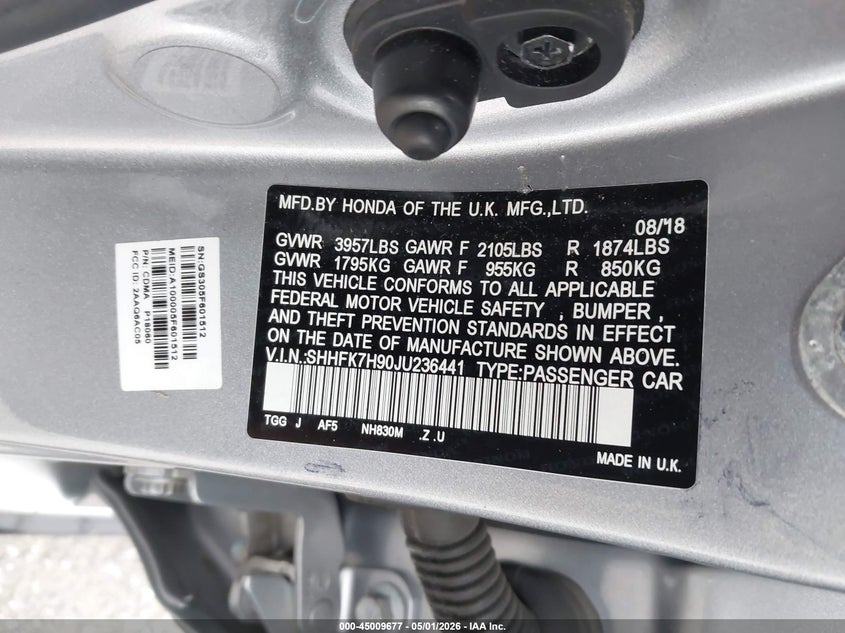 2018 Honda Civic VIN SHHFK7H90JU236441 IAAI salvage auction — FRONT END, Wait Title, sold $5,425 on 2026-07-20 (photo 9)