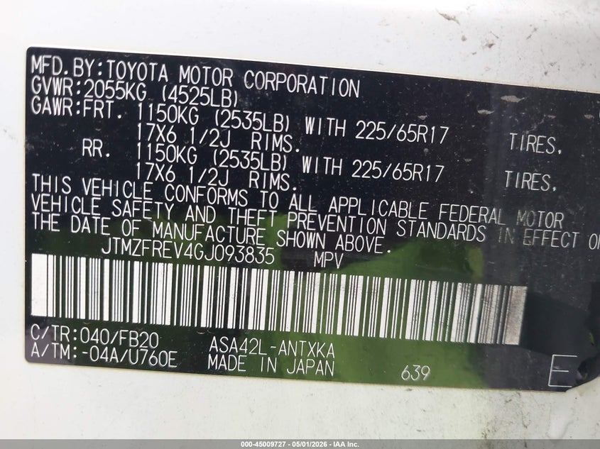 2016 Toyota Rav 4 VIN JTMZFREV4GJ093835 IAAI salvage auction — LEFT SIDE, Salvage (Texas), sold $25 on 2026-07-29 (photo 9)