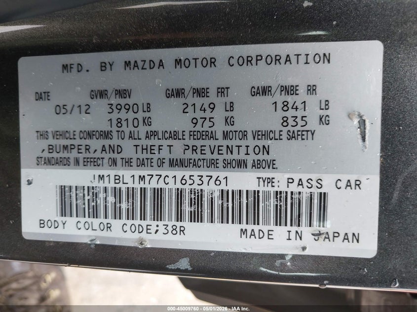 2012 Mazda 3 VIN JM1BL1M77C1653761 IAAI salvage auction — FRONT END, Original (Texas), sold $1,525 on 2026-07-13 (photo 9)