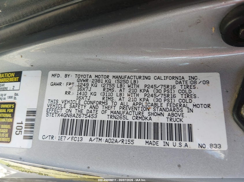 2010 Toyota Tacoma VIN 5TETX4GN8AZ675453 IAAI salvage auction — ALL OVER, Salvage (Tennessee), sold $1,750 on 2026-07-09 (photo 9)