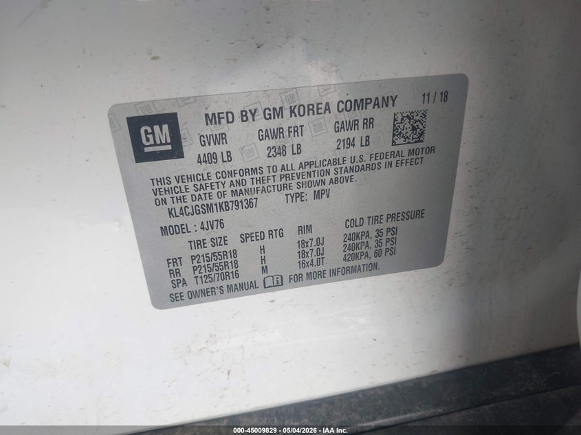 2019 Buick Encore VIN KL4CJGSM1KB791367 IAAI salvage auction — FRONT END, Salvage (Illinois), sold $475 on 2026-07-15 (photo 9)