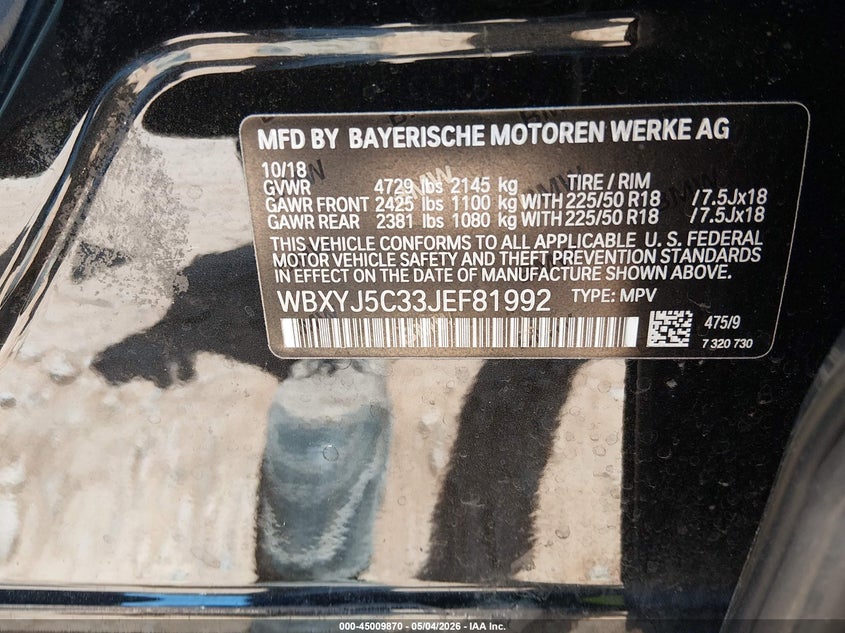 2018 BMW X2 VIN WBXYJ5C33JEF81992 IAAI salvage auction — FRONT END, Salvage (North Carolina), sold $3,975 on 2026-07-13 (photo 9)