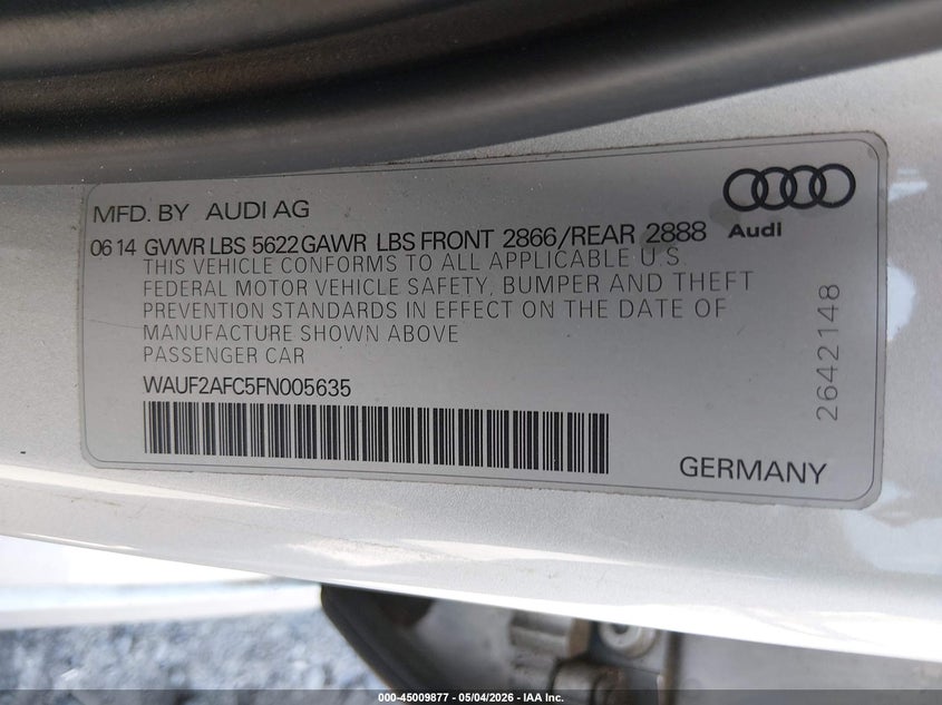 2015 Audi S6 VIN WAUF2AFC5FN005635 IAAI salvage auction — RIGHT FRONT, Clear (South Carolina), sold $5,200 on 2026-07-21 (photo 9)