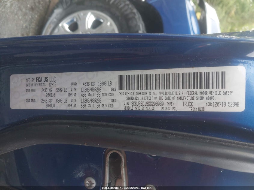 2016 Ram 2500 VIN 3C6UR5DJ9GG209080 IAAI salvage auction — ALL OVER, Junk Receipt (North Carolina), sold $1,650 on 2026-08-14 (photo 9)