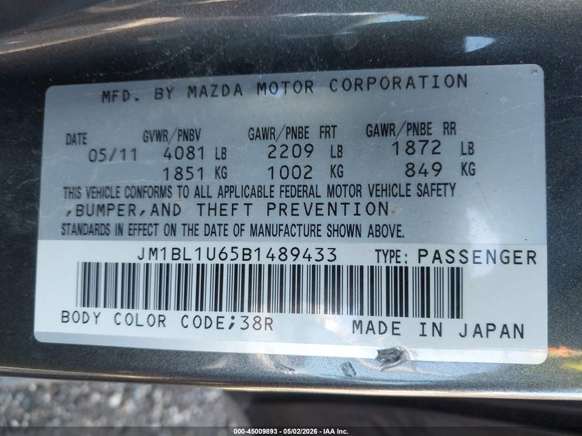 2011 Mazda 3 VIN JM1BL1U65B1489433 IAAI salvage auction — RIGHT FRONT, Salvage (Texas), sold $900 on 2026-07-07 (photo 9)