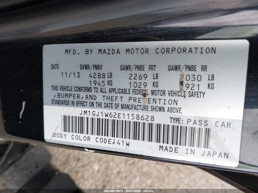 2014 Mazda 6 VIN JM1GJ1W62E1158628 IAAI salvage auction — RIGHT FRONT, Mv-907A (New York), sold $575 on 2026-07-28 (photo 9)