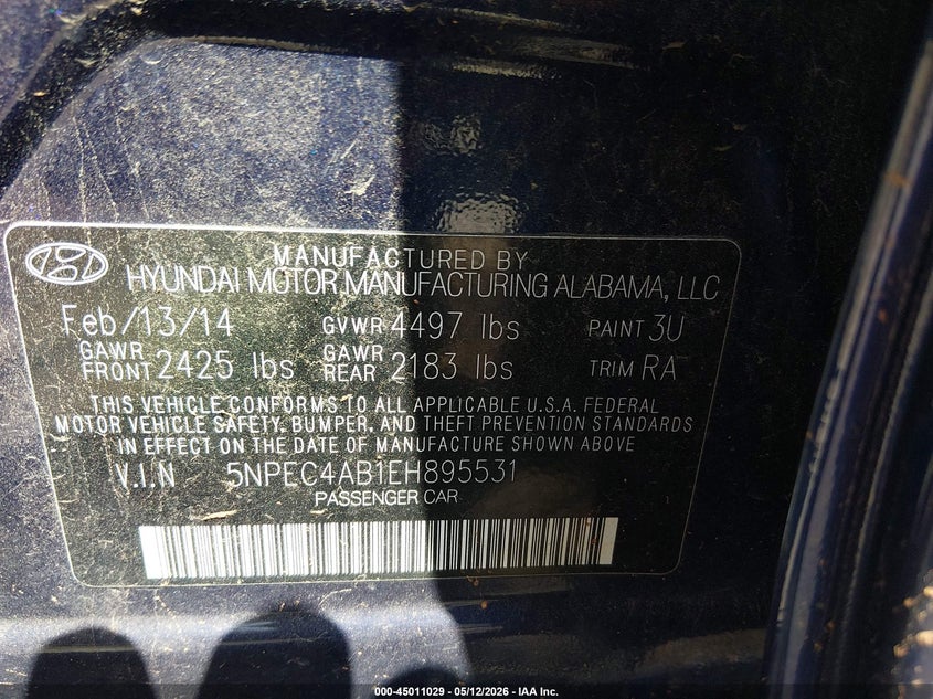 2014 Hyundai Sonata VIN 5NPEC4AB1EH895531 IAAI salvage auction — FRONT & REAR, Salvage (Oklahoma), sold $250 on 2026-07-08 (photo 9)