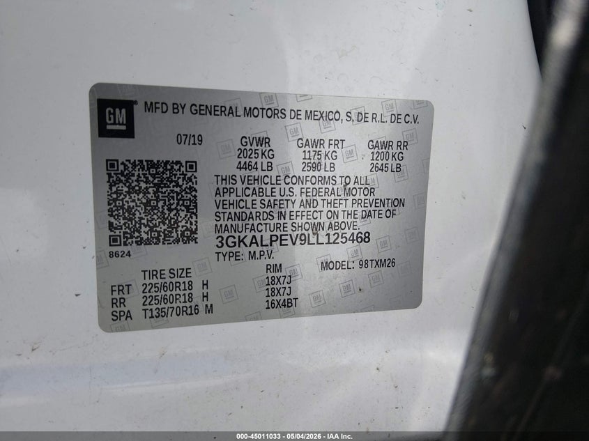 2020 Gmc Terrain VIN 3GKALPEV9LL125468 IAAI salvage auction — FRONT & REAR, Salvage (Kentucky), sold $3,250 on 2026-07-19 (photo 9)