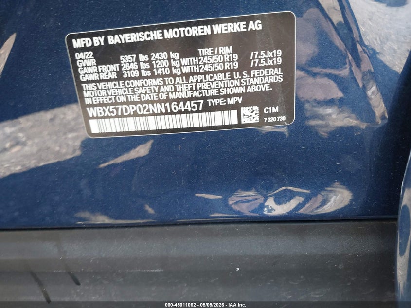 2022 BMW X3 VIN WBX57DP02NN164457 IAAI salvage auction — ALL OVER, Mv-907A (New York), sold $6,275 on 2026-07-07 (photo 9)