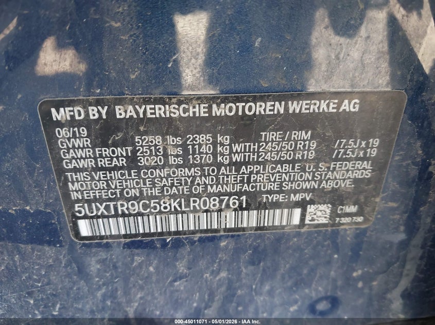 2019 BMW X3 VIN 5UXTR9C58KLR08761 IAAI salvage auction — FRONT END, Mv-907A (New York), sold $7,600 on 2026-08-29 (photo 9)
