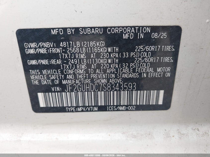 2025 Subaru Xv VIN JF2GUHDC7S8343593 IAAI salvage auction — FRONT END, Salvage - Greater Than 75% (Maryland), sold $3,750 on 2026-07-11 (photo 9)