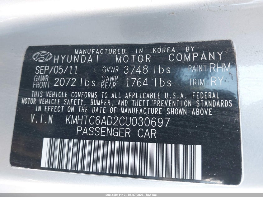 2012 Hyundai Veloster VIN KMHTC6AD2CU030697 IAAI salvage auction — LEFT REAR, Salvage (North Dakota), sold $450 on 2026-07-09 (photo 9)