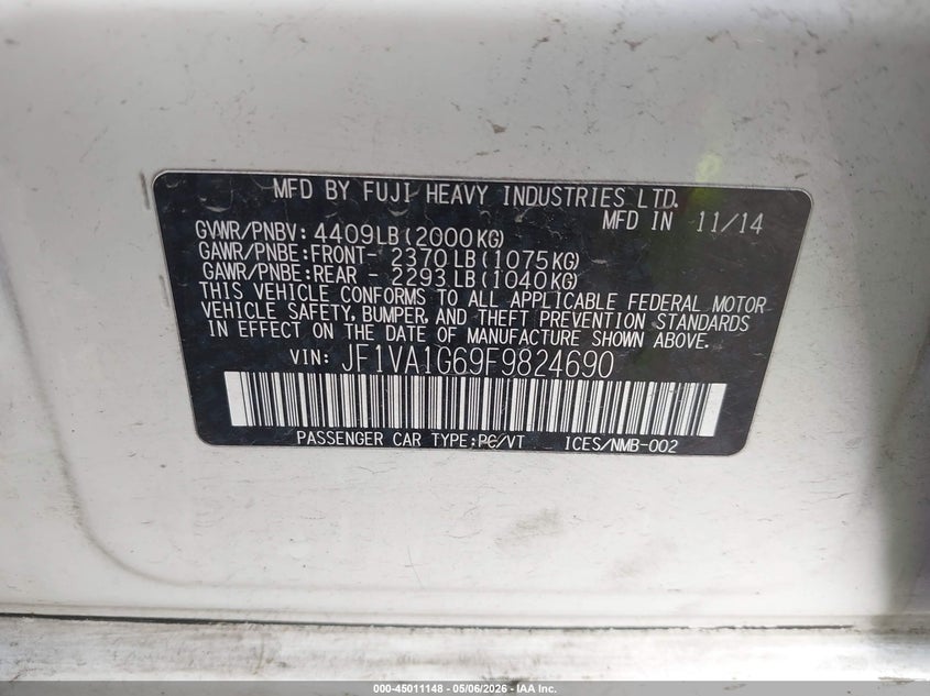 2015 Subaru Wrx VIN JF1VA1G69F9824690 IAAI salvage auction — FRONT END, Clear (Indiana), sold $3,350 on 2026-07-08 (photo 9)