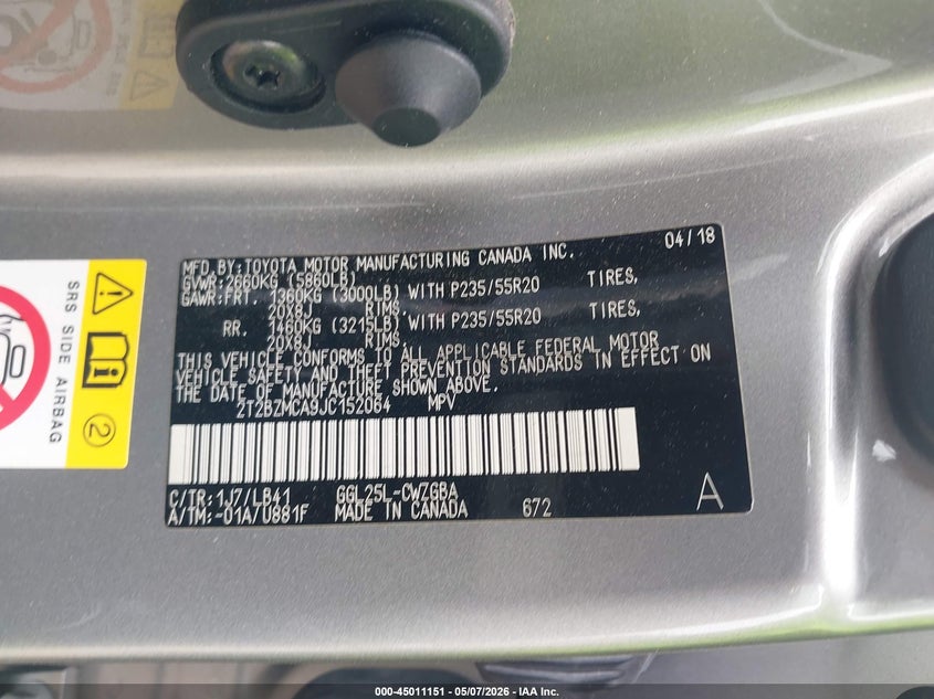 2018 Lexus Rx VIN 2T2BZMCA9JC152064 IAAI salvage auction — ROLLOVER, Salvage (Texas), sold $5,000 on 2026-07-09 (photo 9)