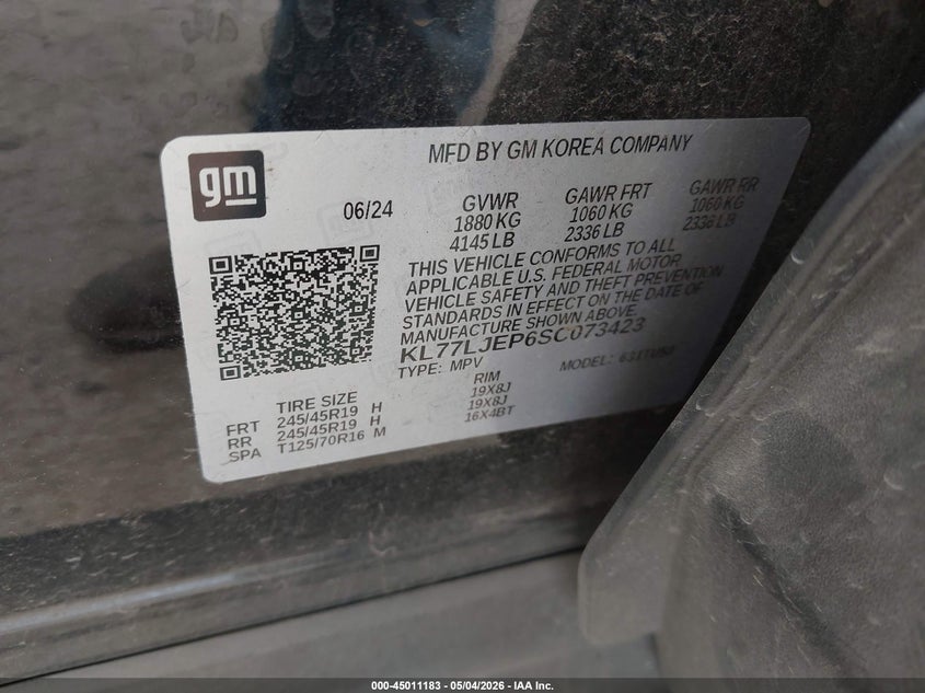 2025 Chevrolet Trax VIN KL77LJEP6SC073423 IAAI salvage auction — FRONT END, Original (Texas), sold $6,300 on 2026-07-20 (photo 9)