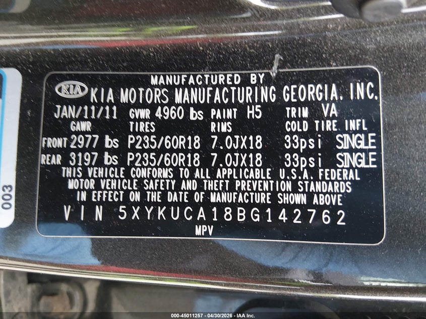 2011 Kia Sorento VIN 5XYKUCA18BG142762 IAAI salvage auction — NORMAL WEAR, Salvage (Texas), sold $875 on 2026-07-28 (photo 9)
