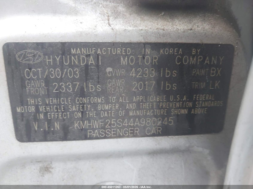 2004 Hyundai Sonata VIN KMHWF25S44A980245 IAAI salvage auction — RIGHT FRONT, Clear (Mississippi), sold $50 on 2026-07-29 (photo 9)