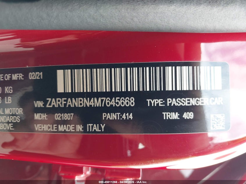 2021 Alfa romeo Giulia VIN ZARFANBN4M7645668 IAAI salvage auction — REAR END, Certificate Of Destruction (Florida), sold $5,300 on 2026-07-10 (photo 9)